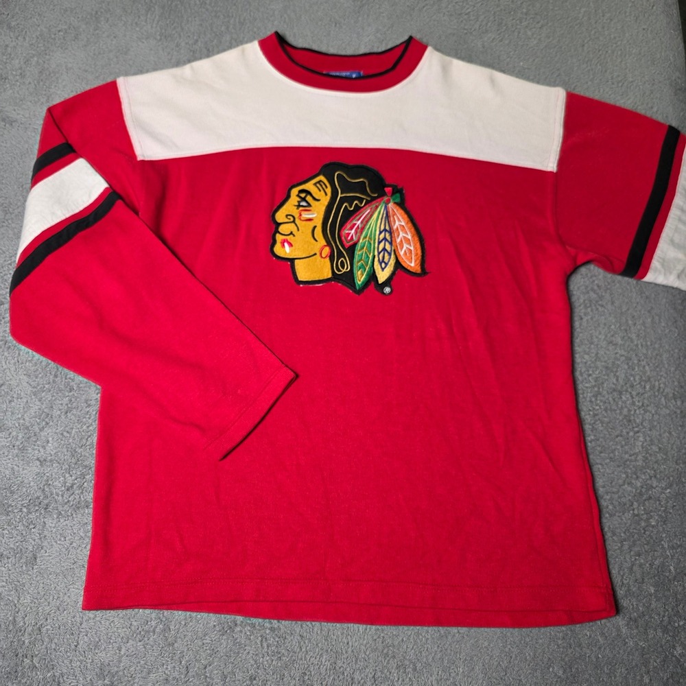 Starter Mens XL Chicago Blackhawks NHL Long Sleeve Shirt Red Vintage Colorblock